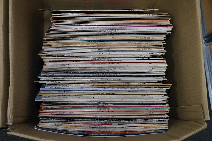 Two boxes of LP record albums, including a selection of 10 inch albums, compilations, including Soul compilations, Rhythm and Blues, etc., artists include; Gene Pitney, Lee Dorsey, Dinah Washington, Frankie Laine, Hank W